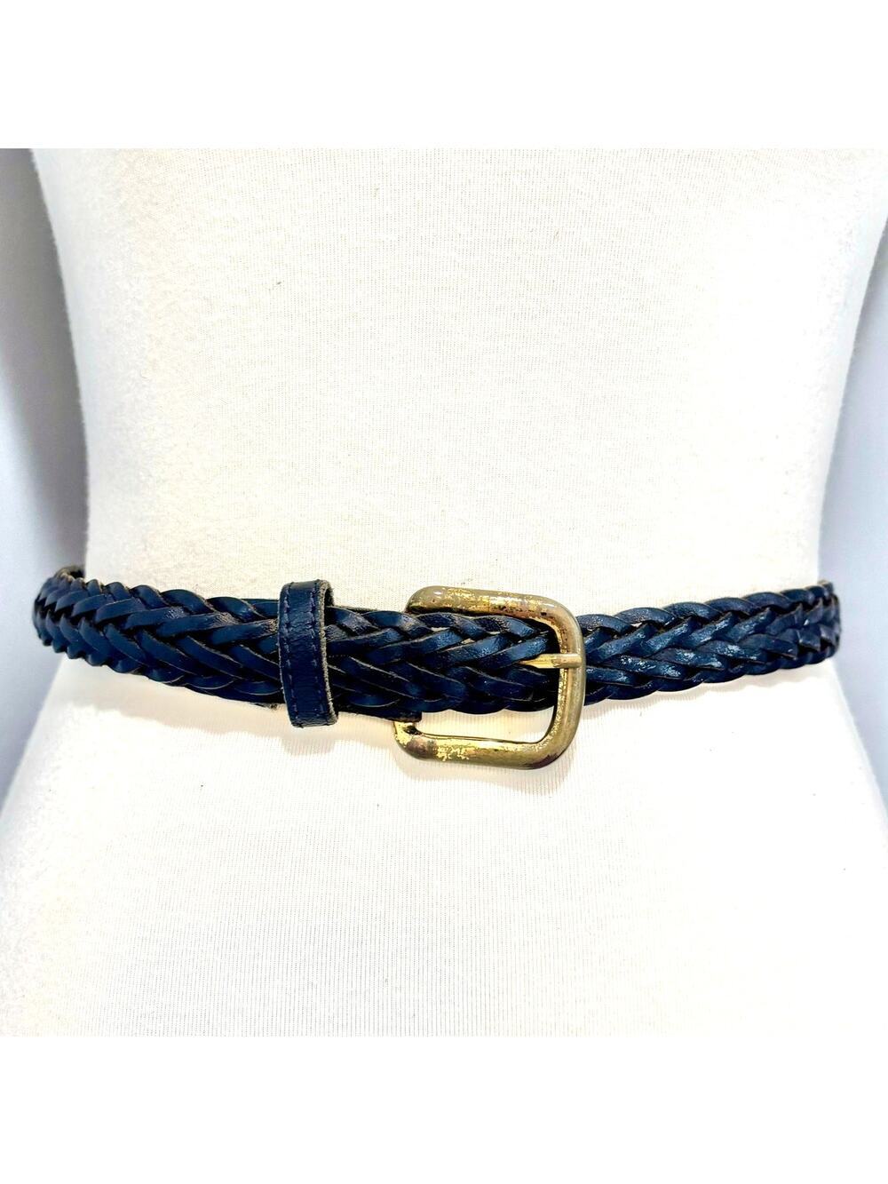 VTG Black Braided Leather Belt Woven Wheat Gold Brass Buckle, Size XL- XXL